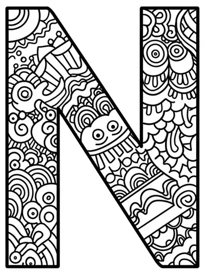 Easy geometric patterns with letter N in the center for adult coloring