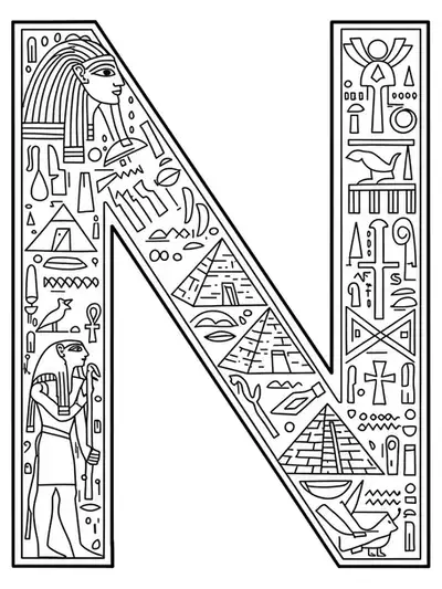 Letter N embellished with Egyptian hieroglyphics, pyramids, and ancient symbols.