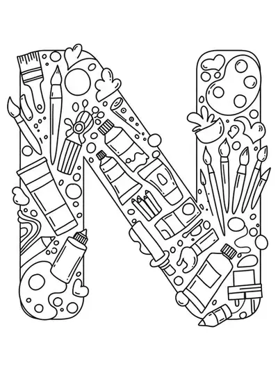 Easy art supplies and letter N for adult coloring