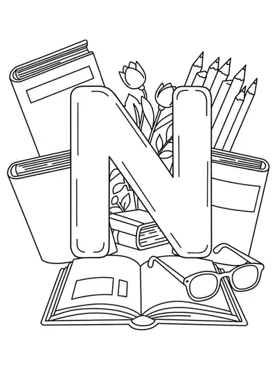 Easy books and reading elements with letter N for adult coloring