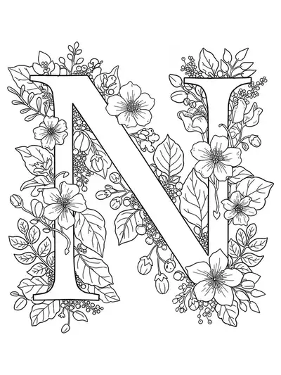 Letter N entwined with nightshade plants, flowers, and leaves in a botanical garden style.