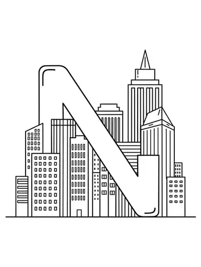 Easy city skyline surrounding the letter N for adult coloring