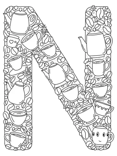 Easy coffee and tea motifs with letter N for adult coloring