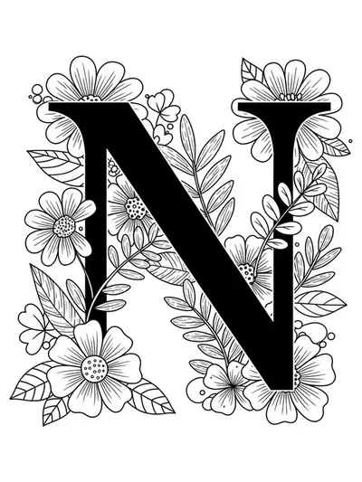 Easy floral garden with letter N and large simple flowers for adult coloring