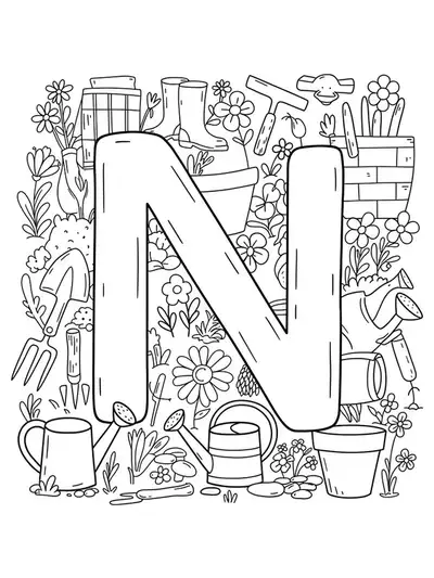 Easy gardening tools and letter N for adult coloring