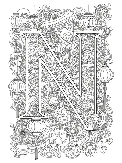 Letter N surrounded by intricate lanterns, swirls, and festival decorations.