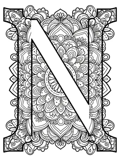 Easy mandala-accented letter N with simple patterns for adult coloring