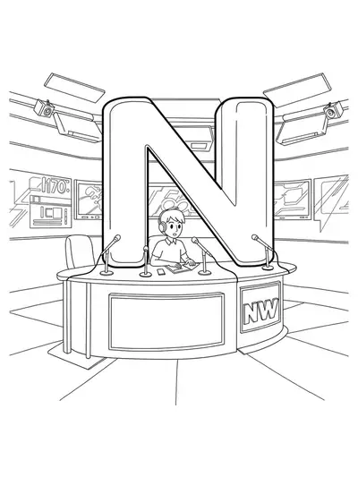 Letter N set within a manga newscaster studio, screens, microphones, and stylized equipment.