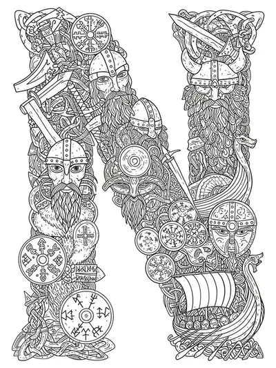Letter N surrounded by detailed Norse runes, Viking longships, helmets, and mythical creatures.