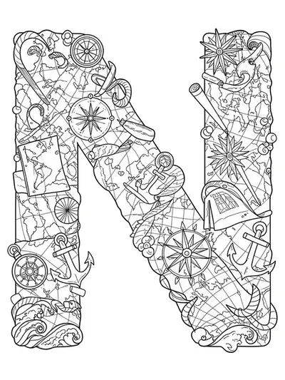 Letter N decorated with nautical maps, compasses, anchors, and ocean wave motifs.