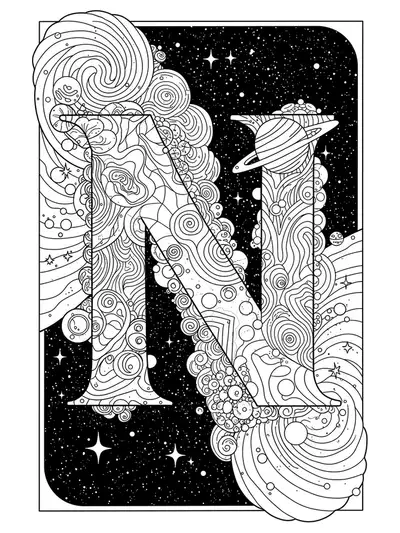 Letter N surrounded by nebula patterns, stars, planets, and cosmic swirls.