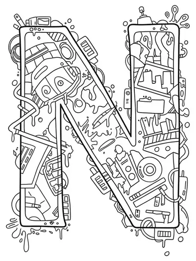 Letter N surrounded by neon-inspired street art elements, graffiti shapes, and dynamic lines.