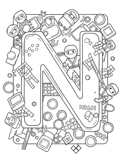 Letter N with pixel art, arcade controls, and ninja silhouettes in a vintage gaming style.