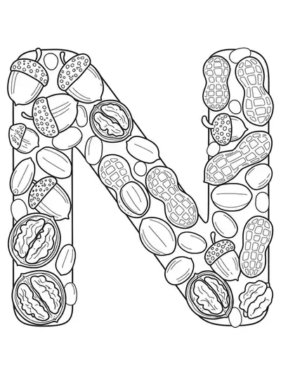 Big letter N with simple drawings of peanuts, walnuts, and acorns scattered around.