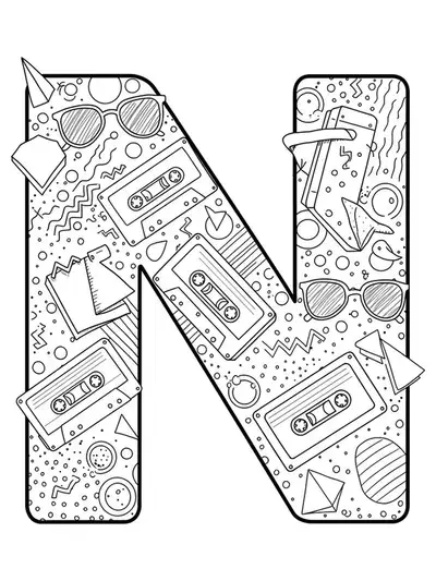 Letter N surrounded by retro neon shapes, cassette tapes, sunglasses, and geometric patterns.