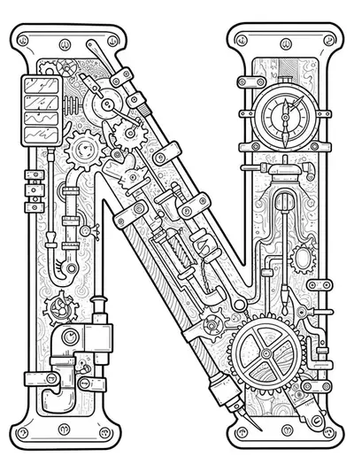 Highly detailed letter N design surrounded by intricate steampunk gears, pipes, and Victorian elements.