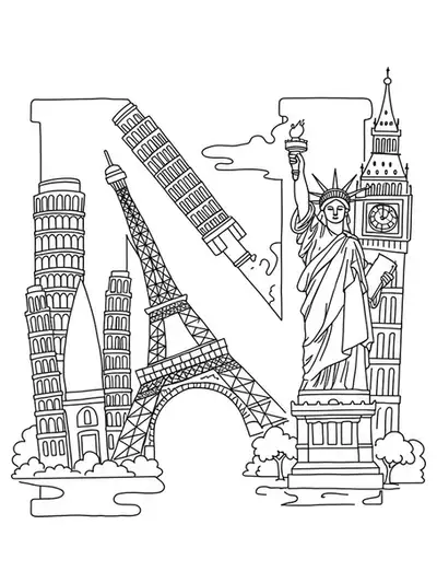 Easy travel landmarks like Eiffel Tower and Statue of Liberty around the letter N