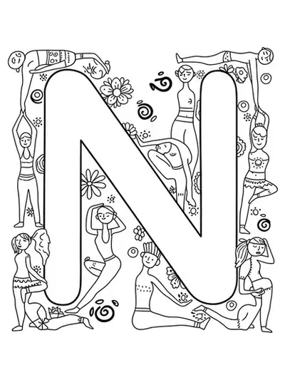Easy yoga poses and symbols surrounding letter N for adult coloring