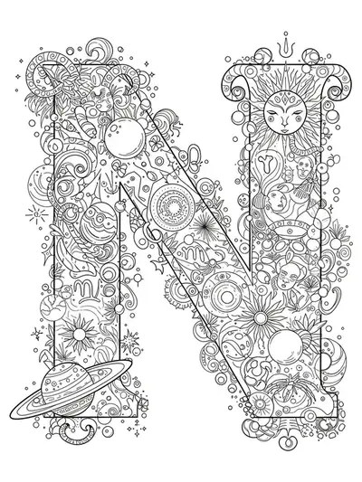 Letter N surrounded by intricate zodiac symbols, celestial bodies, and cosmic patterns.