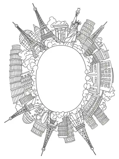 Letter O with simple outlines of famous landmarks for easy coloring by teens.