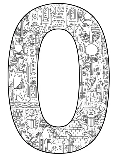 Letter O adorned with ancient Egyptian motifs, hieroglyphs, and scarabs for teens.