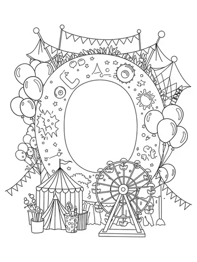 Carnival themed letter O coloring page with balloons, ferris wheel, and banners.