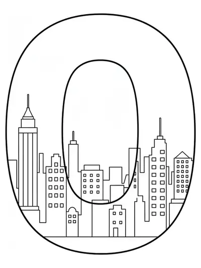 Letter O coloring page with a simple city skyline silhouette in the background.