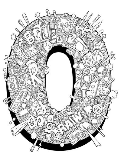 Letter O with intricate comic book hero elements, action lines, and gadgets for hard teen coloring.