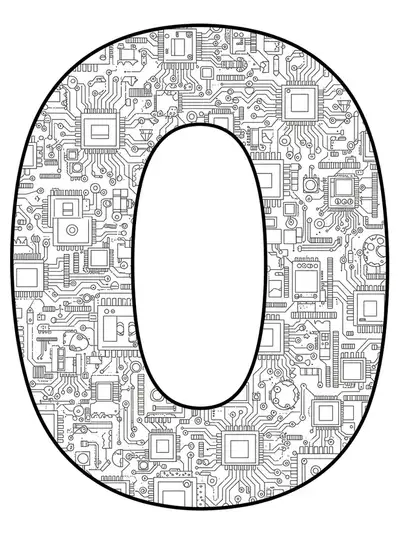 Letter O formed with intricate circuit board patterns and binary code for hard coloring.
