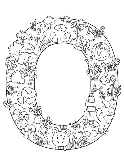Letter O with simple Earth Day elements like plants and recycling symbols for easy teen coloring.
