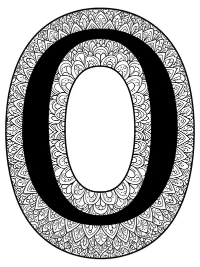 Letter O surrounded by simple floral mandala patterns, easy outlines for teen coloring.