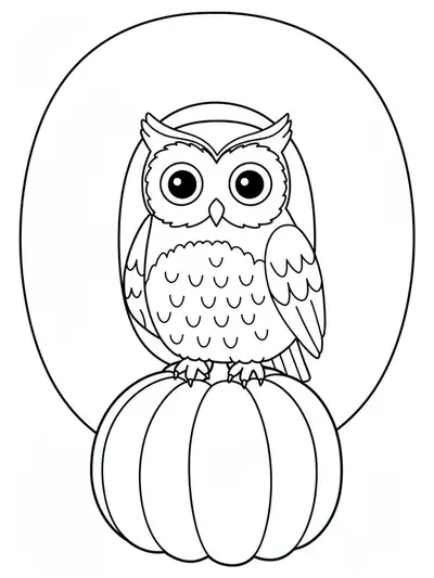 Letter O Halloween coloring page with a cute owl on a pumpkin, simple shapes for preschoolers.
