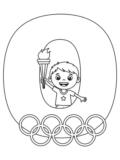 Letter O with a child holding an Olympic torch, simple rings, easy coloring for preschool.