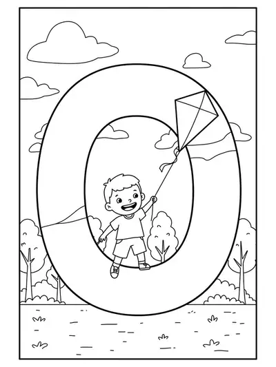Letter O with a child flying a kite and simple trees, easy coloring for preschoolers.