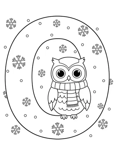 Letter O with an owl in a scarf and snowflakes, simple winter coloring page for preschoolers.