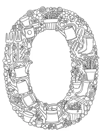 Easy outline coloring page of letter O with garden tools like watering cans and shovels.