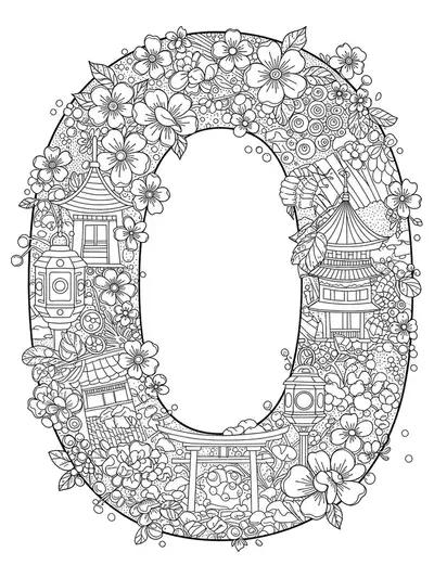 Letter O with intricate cherry blossoms, lanterns, and Japanese garden elements for teen coloring.