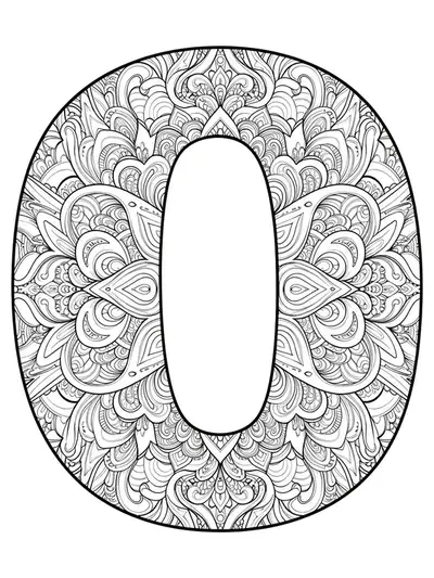 Intricate mandala designs forming the letter O for a hard teen coloring page.