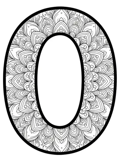 Letter O with large, simple mandala floral patterns around it, easy for adult coloring.