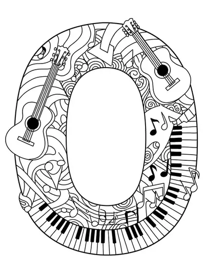 Easy coloring page of the letter O with musical instruments like guitar and piano around it.