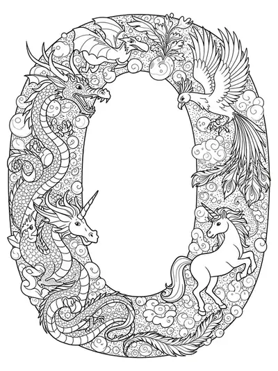 Letter O with simple line art of mythical creatures such as a dragon and phoenix for easy teen coloring.