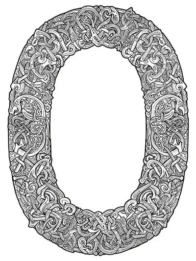 Detailed Norse runes and knotwork forming and surrounding the letter O for a hard coloring page.