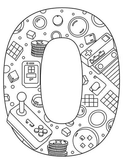 Letter O with retro gaming arcade elements, including simple joystick and coin outlines, for easy teen coloring.