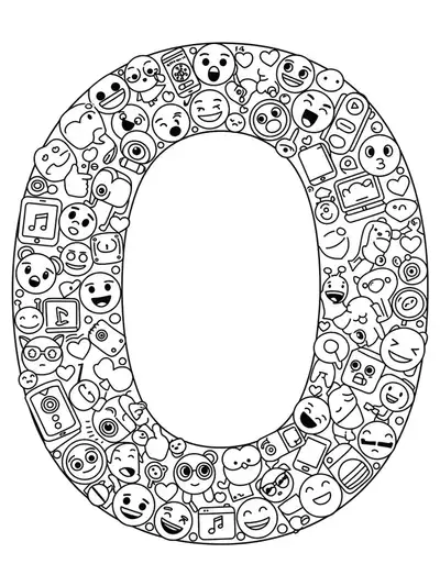 Letter O with simple outlines of popular emojis and social media icons for easy teen coloring.