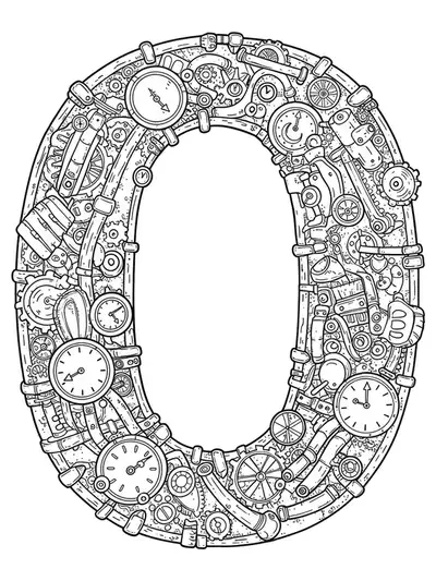 Intricate steampunk-themed letter O with gears and pipes for hard teen coloring.