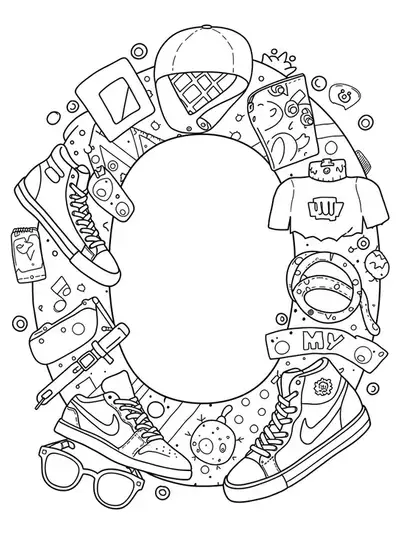 Letter O with simple outline drawings of trendy sneakers and street fashion accessories for easy teen coloring.