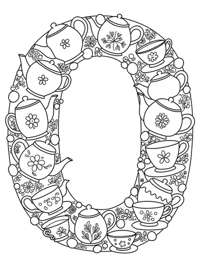 Tea time themed letter O coloring page with teapots and cups around the letter.
