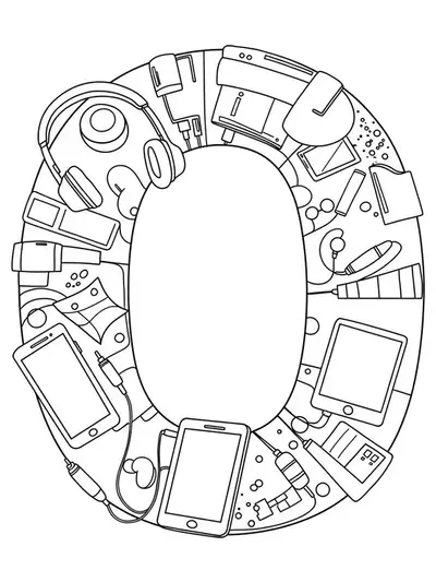Letter O with easy outlines of tech gadgets such as headphones and smartphones for teen coloring.