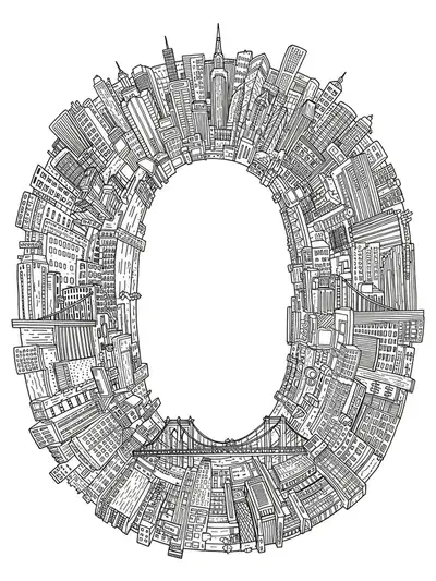 Letter O with intricate cityscape and architectural elements for a hard teen coloring page.
