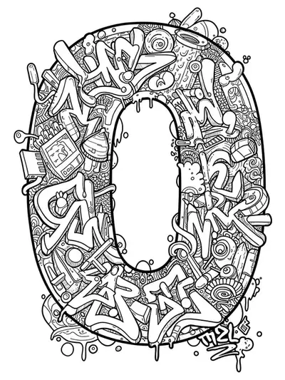 Complex graffiti-style letter O surrounded by urban doodles for teen coloring.